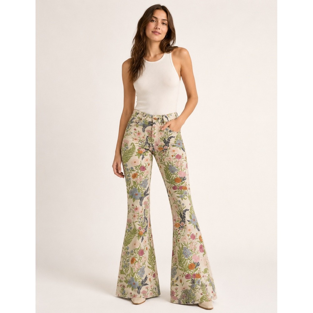 Wrangler Floral Flare Jeans Womens 27 Cream Botanical Print 70s Boho Bell Bottom